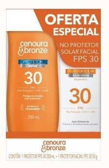 Kit Protetor Solar Cenoura e Bronze Corpo FPS 30 200ml + Facial FPS 30 50g, Cor: Branco